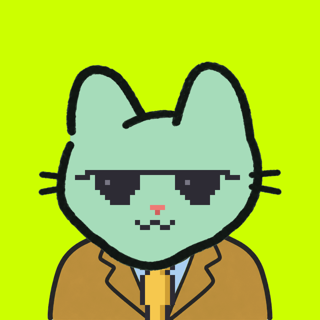 Employee #1048 — a mint cat, in a mustard suit, with a gold tie, wearing shades glasses, on volt