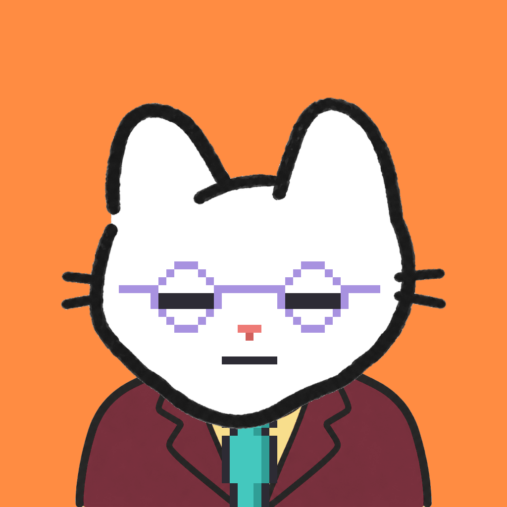 Employee #1049 — a white cat, in a burgundy suit, with a teal tie, wearing round-lavender glasses, on tangerine