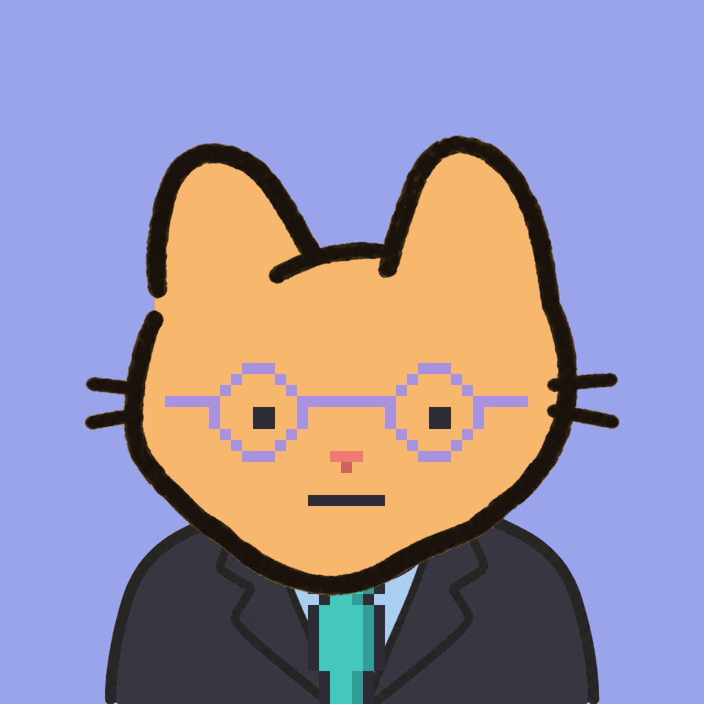 Employee #0105 — a tabby cat, in a black suit, with a teal tie, wearing round-lavender glasses, on periwinkle