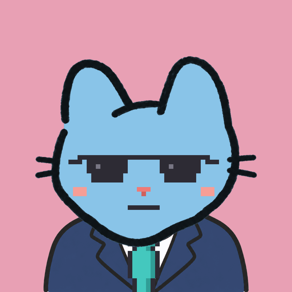 Employee #1050 — a sky cat, in a navy suit, with a teal tie, wearing shades glasses, on rose