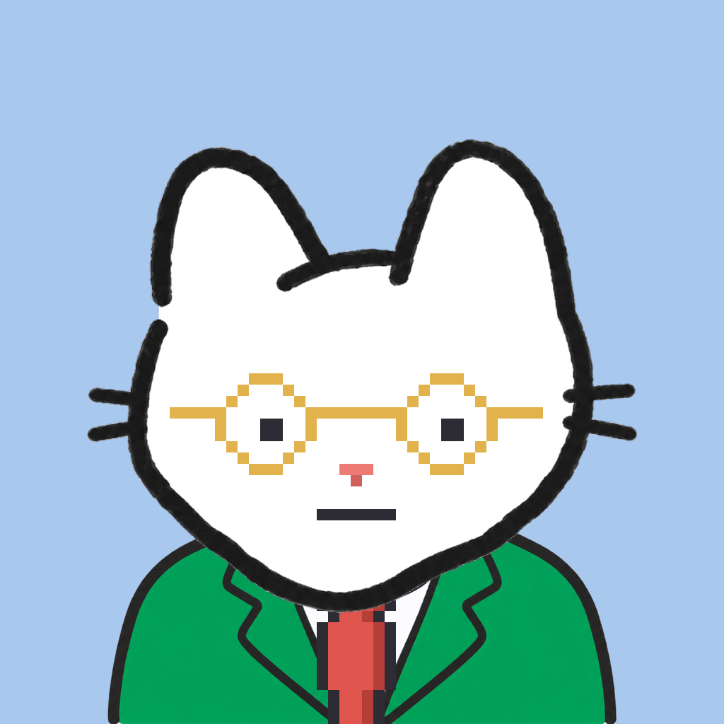 Employee #1051 — a white cat, in a green suit, with a red tie, wearing round-gold glasses, on sky