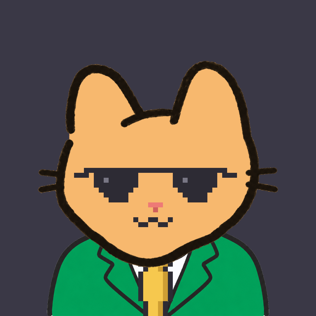 Employee #1052 — a tabby cat, in a green suit, with a gold tie, wearing shades glasses, on charcoal