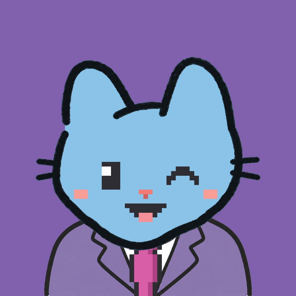 Employee #1053 — a sky cat, in a lavender suit, with a magenta tie, on plasma violet