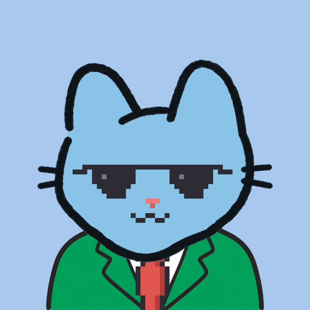 Employee #1054 — a sky cat, in a green suit, with a red tie, wearing shades glasses, on sky