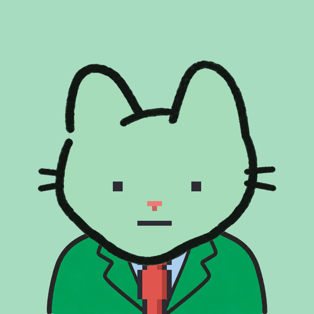 Employee #1055 — a mint cat, in a green suit, with a red tie, on mint