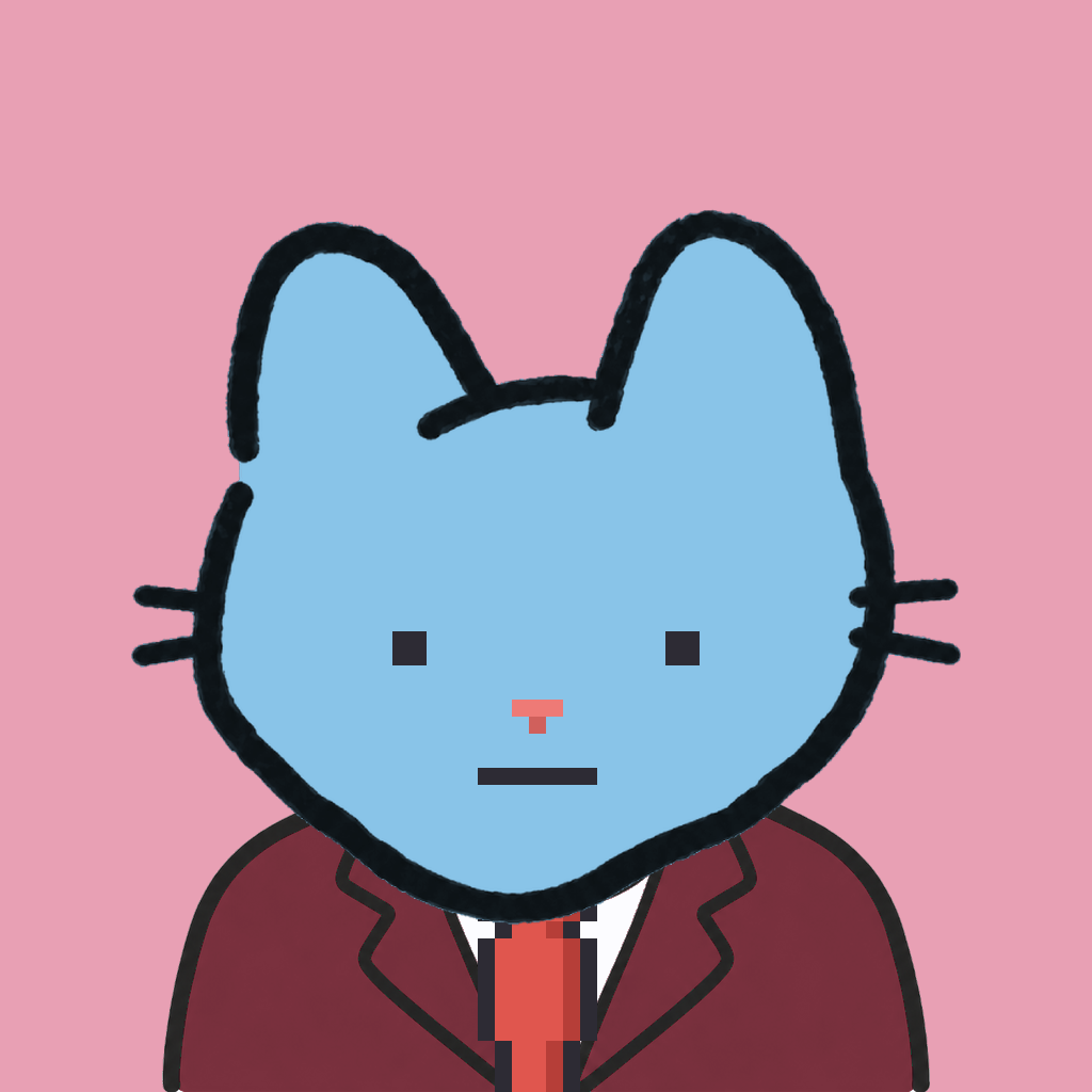 Employee #1056 — a sky cat, in a burgundy suit, with a red tie, on rose