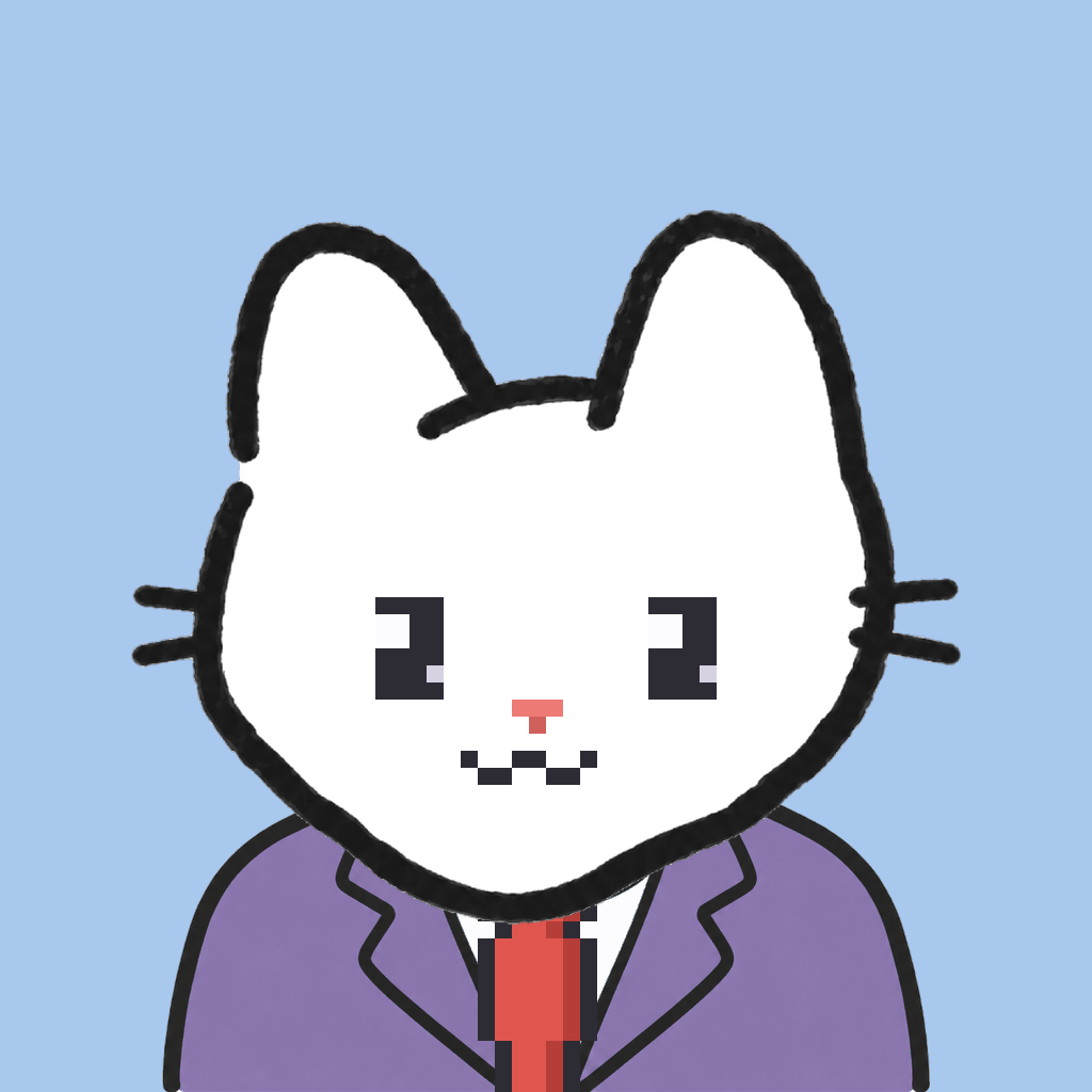 Employee #1057 — a white cat, in a lavender suit, with a red tie, on sky