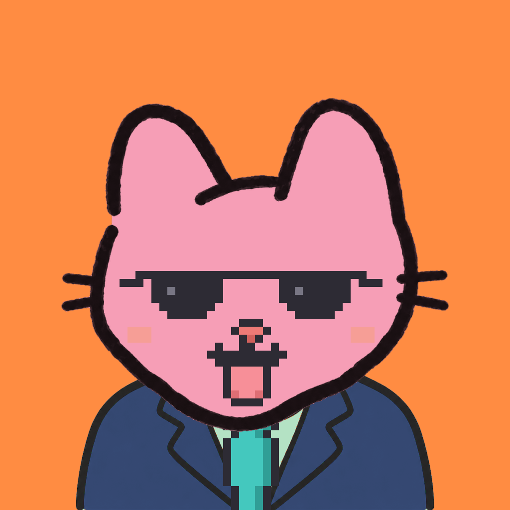 Employee #1058 — a pink cat, in a navy suit, with a teal tie, wearing shades glasses, on tangerine