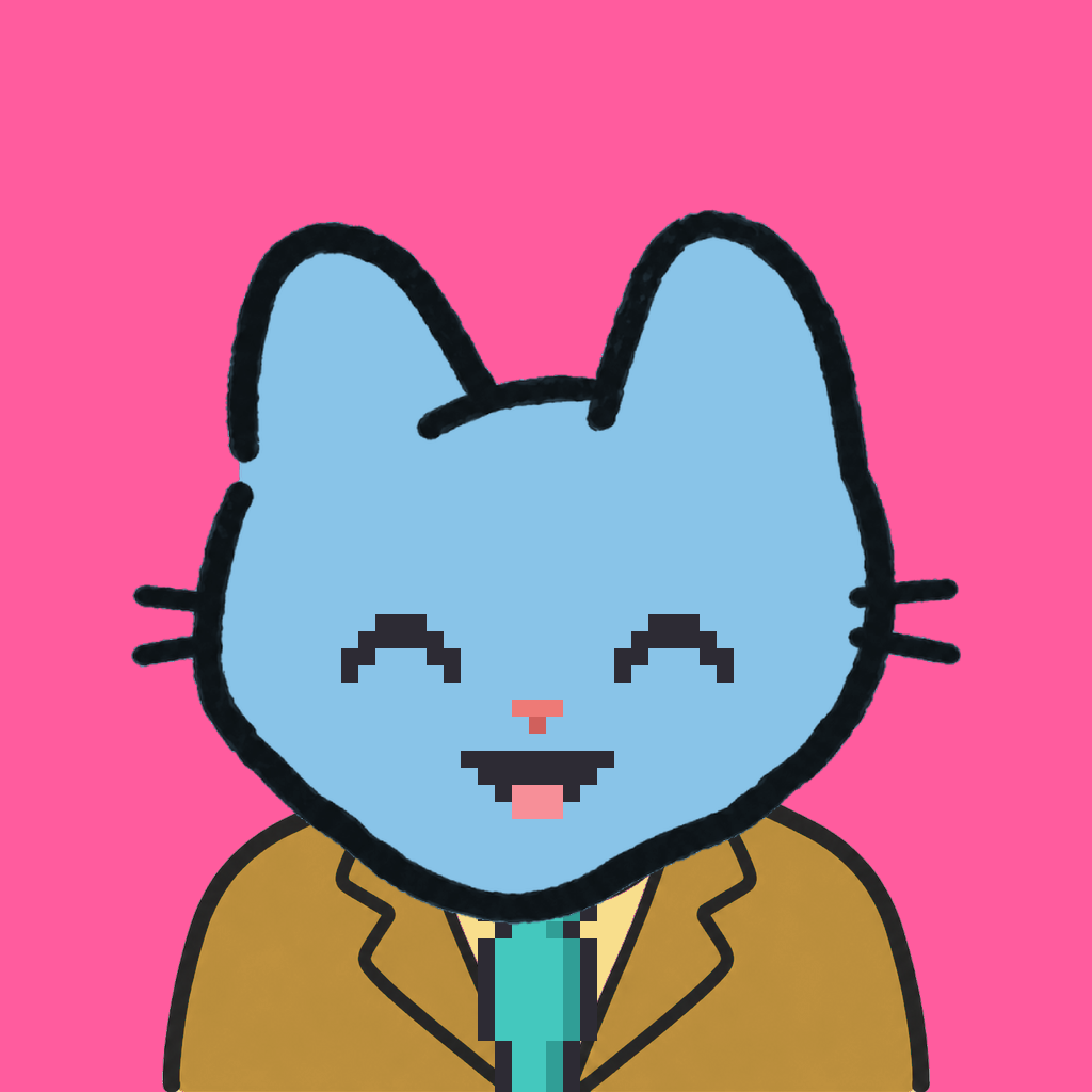 Employee #1059 — a sky cat, in a mustard suit, with a teal tie, on hot pink
