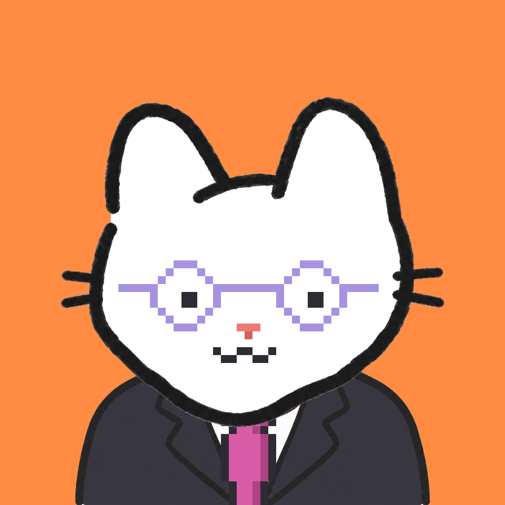 Employee #0106 — a white cat, in a black suit, with a magenta tie, wearing round-lavender glasses, on tangerine