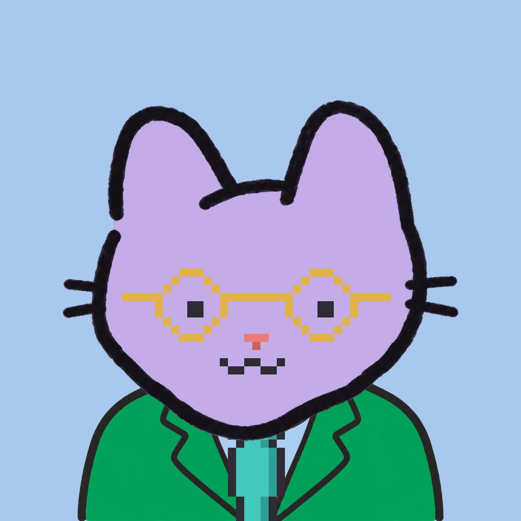 Employee #1060 — a lavender cat, in a green suit, with a teal tie, wearing round-gold glasses, on sky