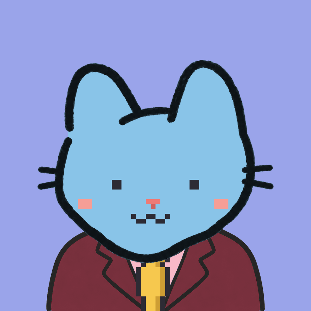 Employee #1061 — a sky cat, in a burgundy suit, with a gold tie, on periwinkle