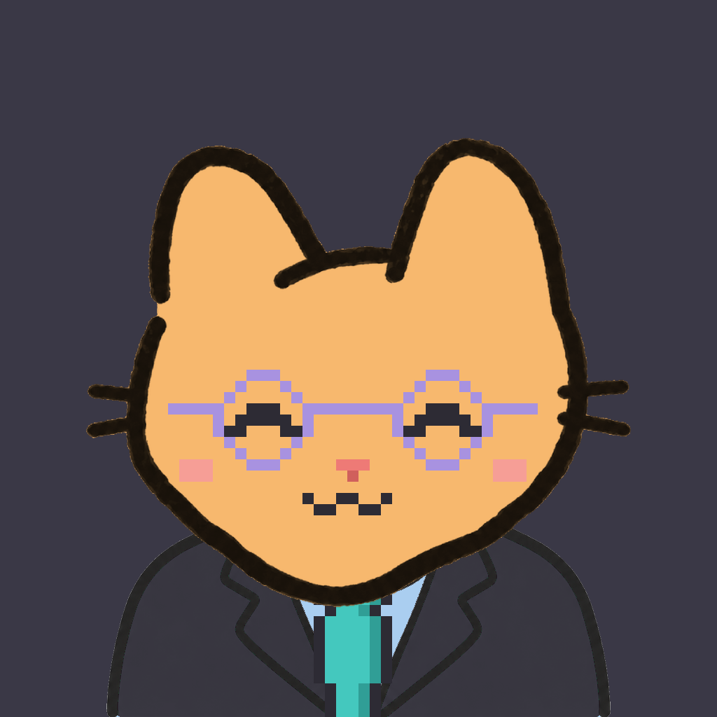 Employee #1062 — a tabby cat, in a black suit, with a teal tie, wearing round-lavender glasses, on charcoal