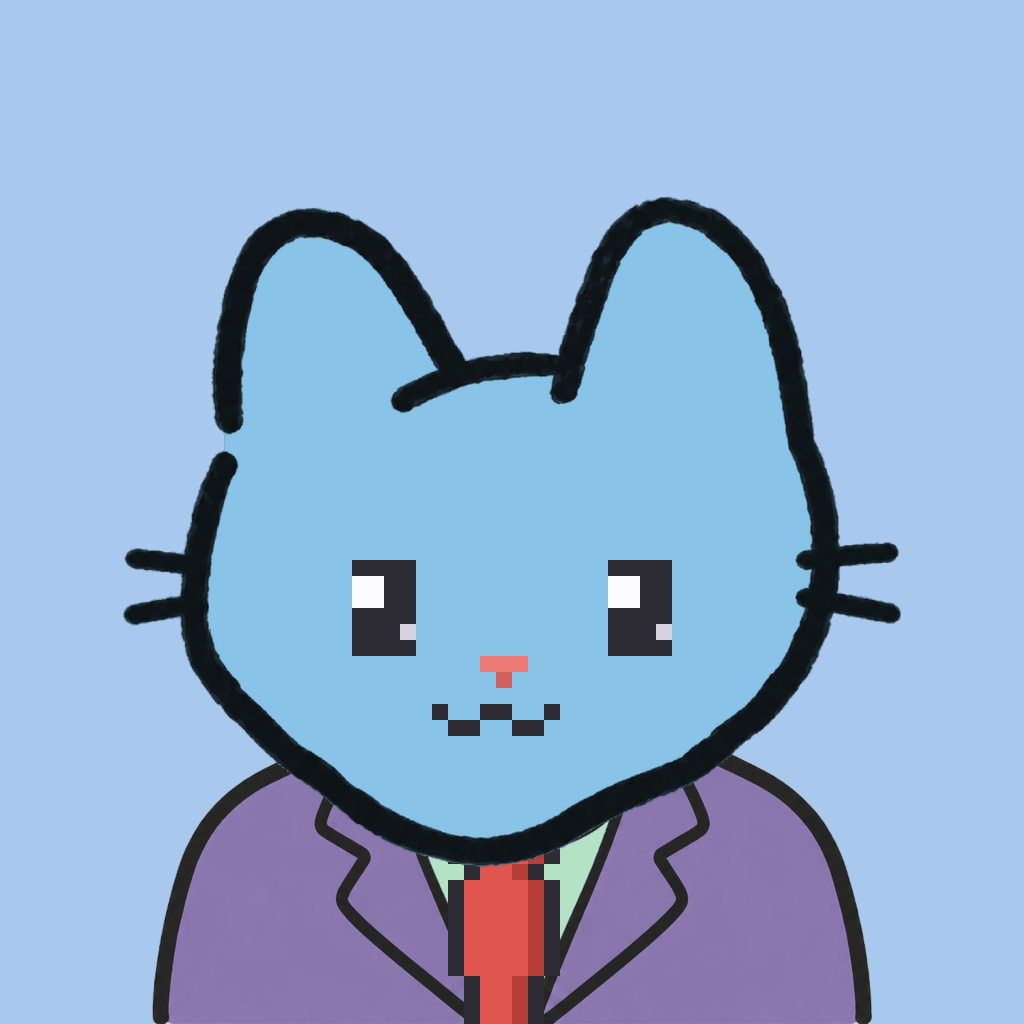 Employee #1063 — a sky cat, in a lavender suit, with a red tie, on sky