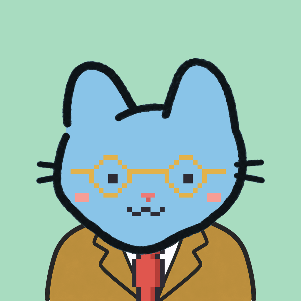 Employee #1064 — a sky cat, in a mustard suit, with a red tie, wearing round-gold glasses, on mint