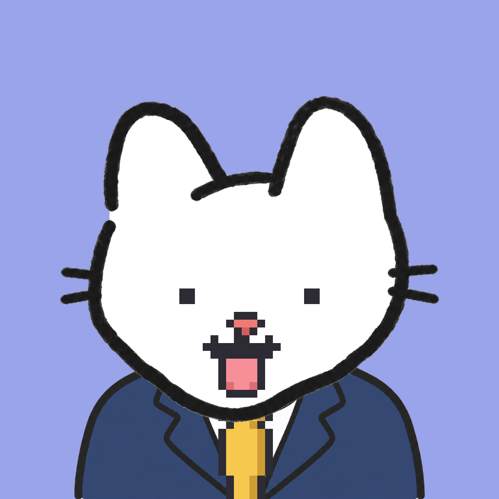 Employee #1065 — a white cat, in a navy suit, with a gold tie, on periwinkle