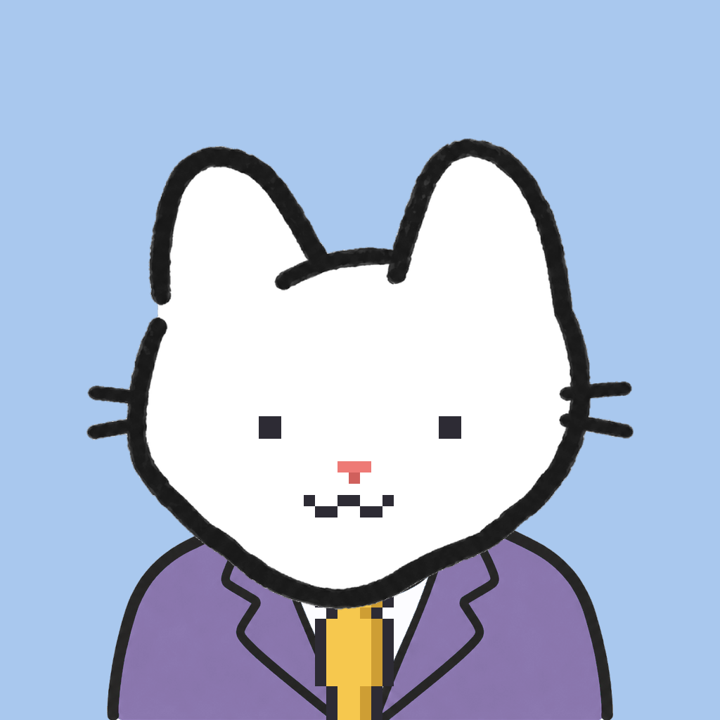 Employee #1066 — a white cat, in a lavender suit, with a gold tie, on sky