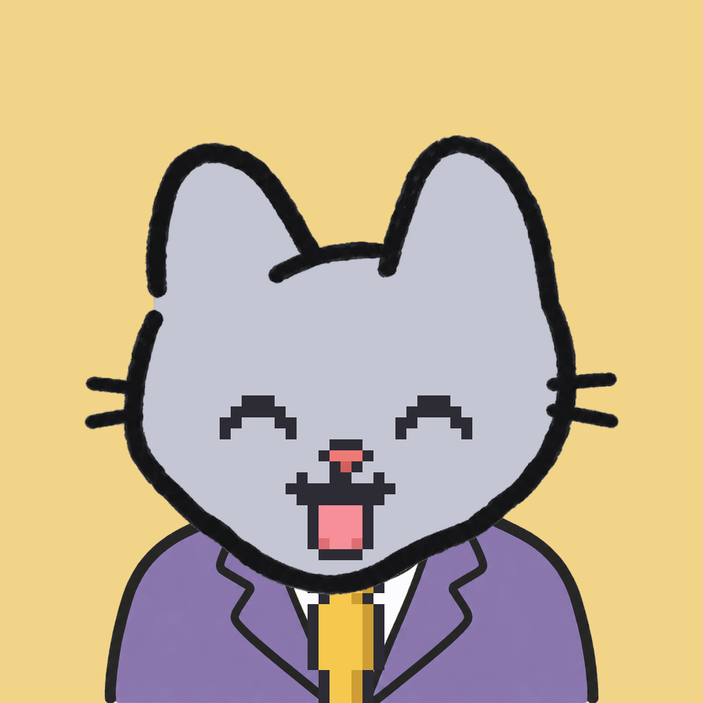 Employee #1067 — a gray cat, in a lavender suit, with a gold tie, on butter