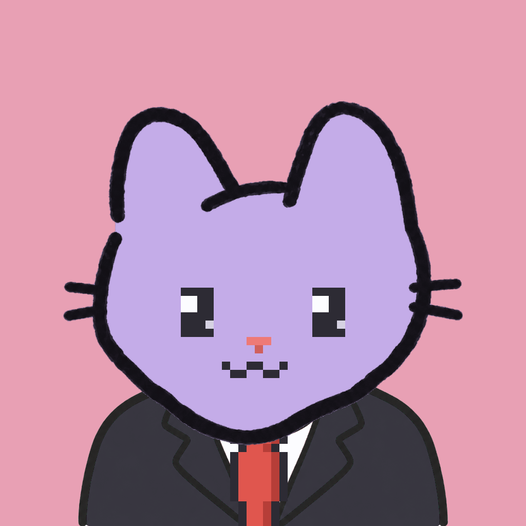 Employee #1068 — a lavender cat, in a black suit, with a red tie, on rose