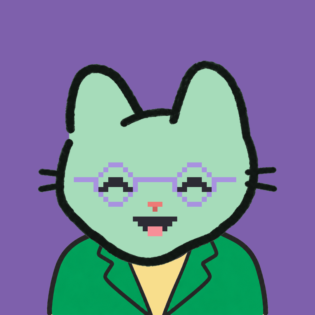 Employee #1069 — a mint cat, in a green suit, wearing round-lavender glasses, on plasma violet