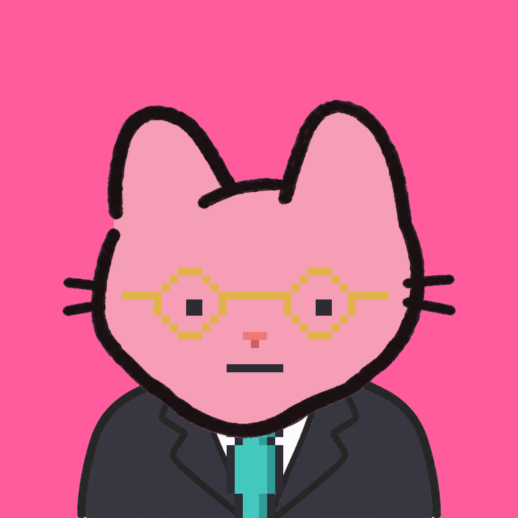 Employee #0107 — a pink cat, in a black suit, with a teal tie, wearing round-gold glasses, on hot pink