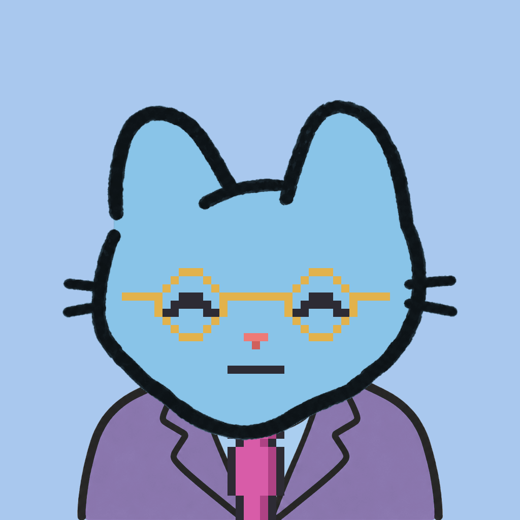 Employee #1070 — a sky cat, in a lavender suit, with a magenta tie, wearing round-gold glasses, on sky