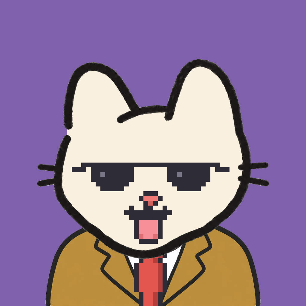 Employee #1071 — a cream cat, in a mustard suit, with a red tie, wearing shades glasses, on plasma violet