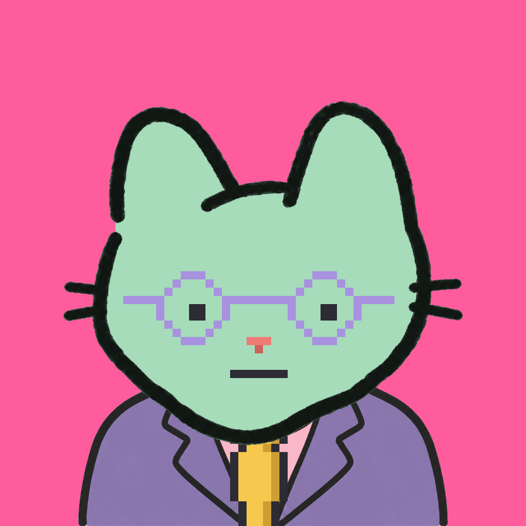 Employee #1072 — a mint cat, in a lavender suit, with a gold tie, wearing round-lavender glasses, on hot pink