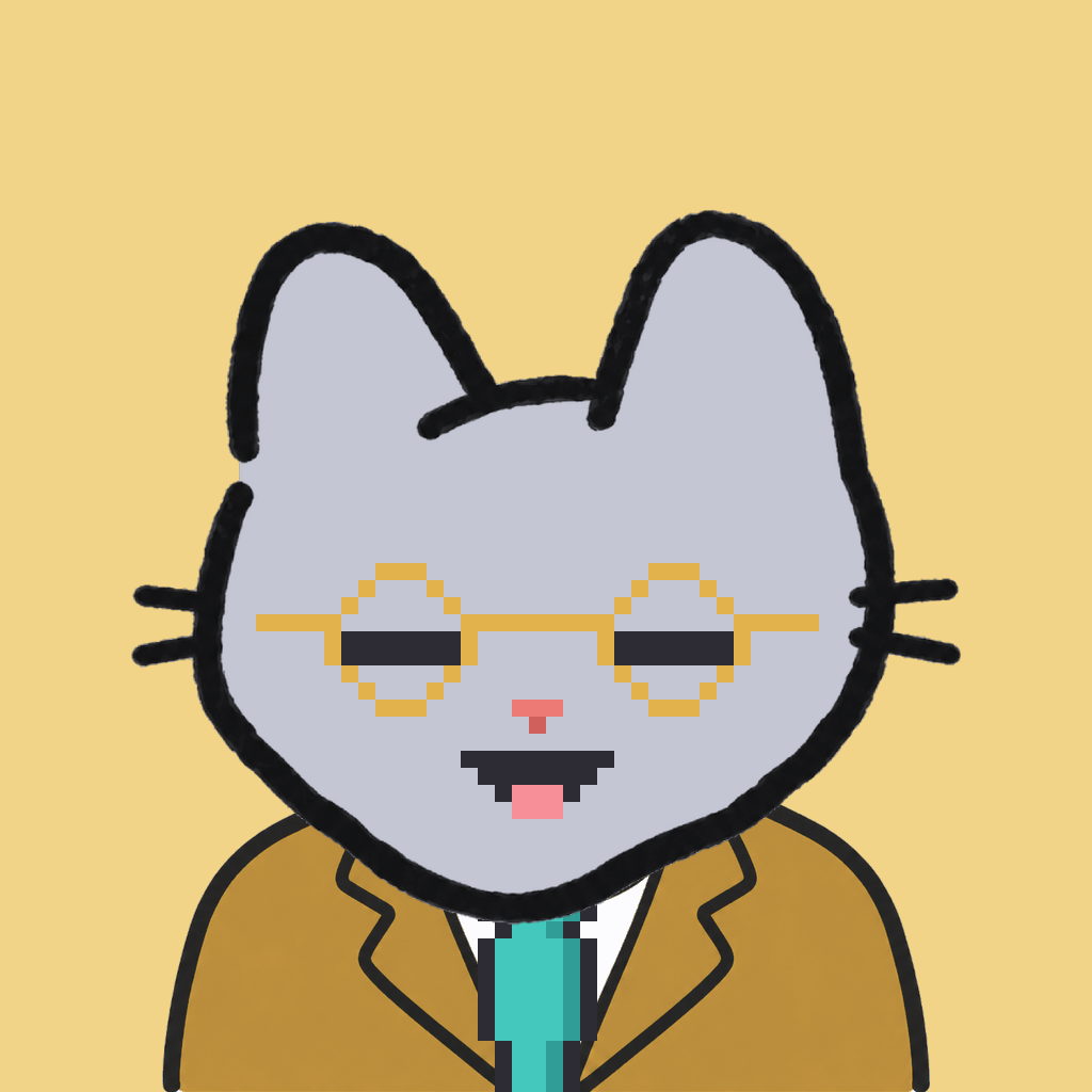 Employee #1073 — a gray cat, in a mustard suit, with a teal tie, wearing round-gold glasses, on butter