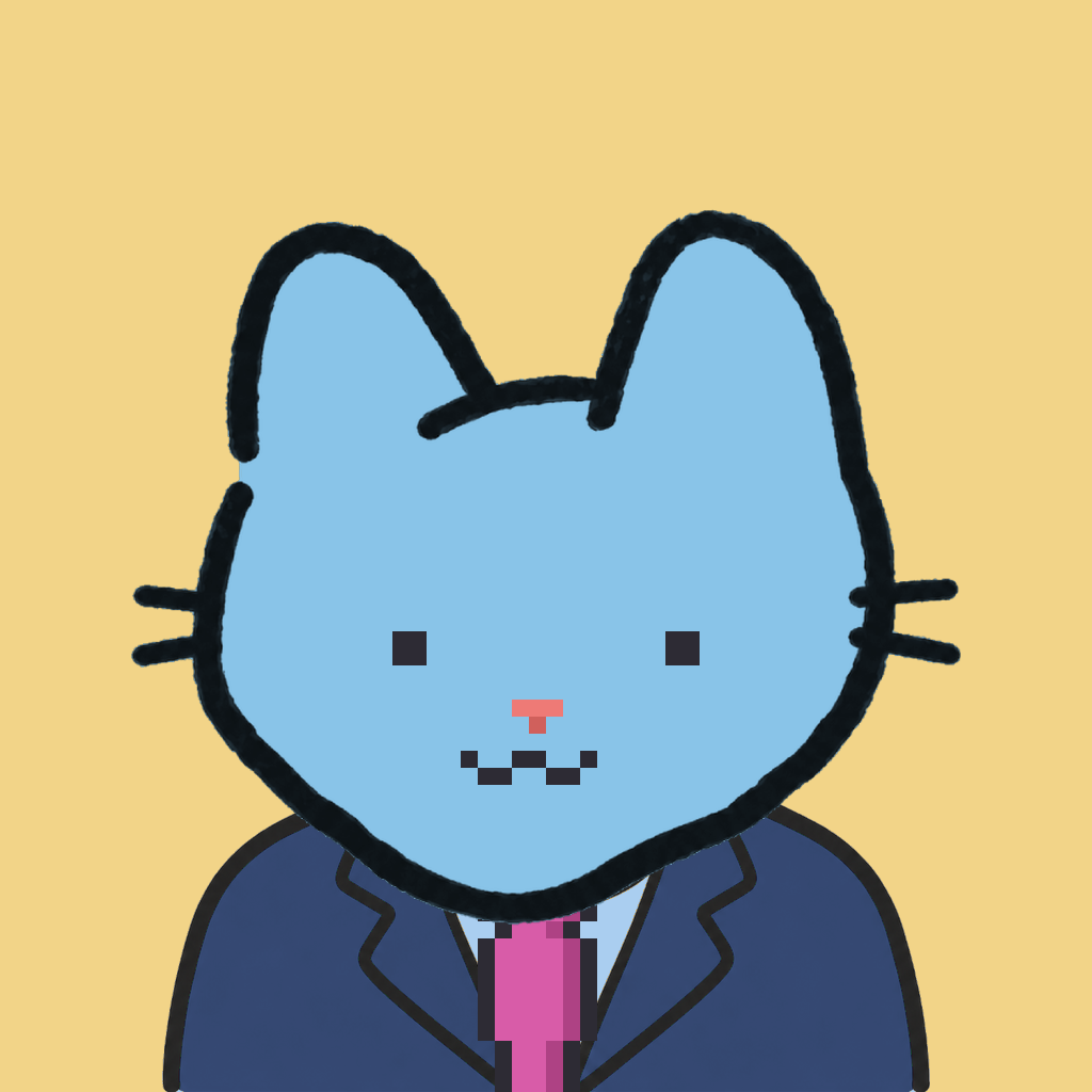 Employee #1074 — a sky cat, in a navy suit, with a magenta tie, on butter