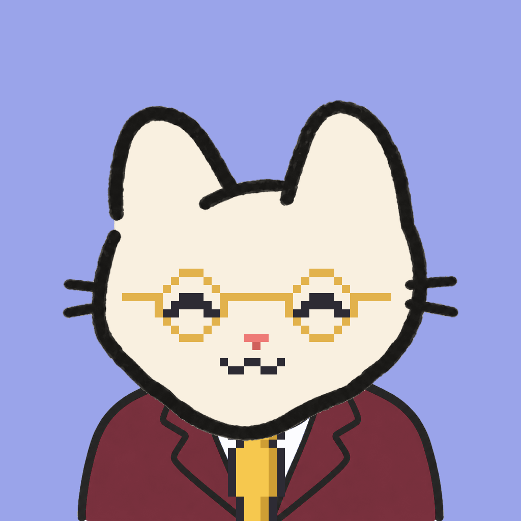 Employee #1075 — a cream cat, in a burgundy suit, with a gold tie, wearing round-gold glasses, on periwinkle