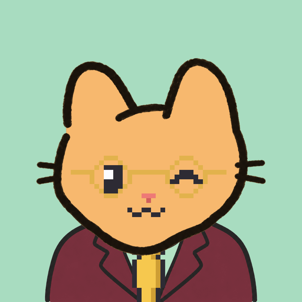 Employee #1076 — a tabby cat, in a burgundy suit, with a gold tie, wearing round-gold glasses, on mint