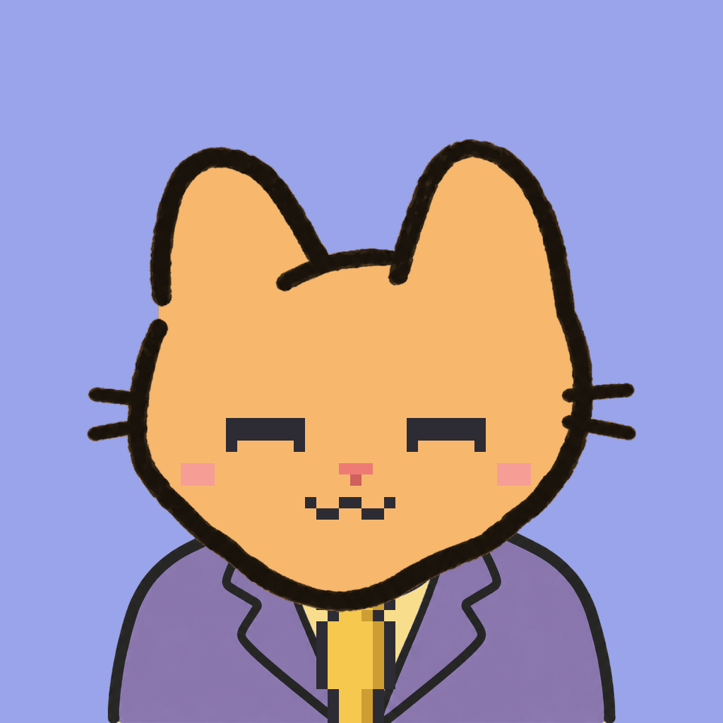 Employee #1077 — a tabby cat, in a lavender suit, with a gold tie, on periwinkle