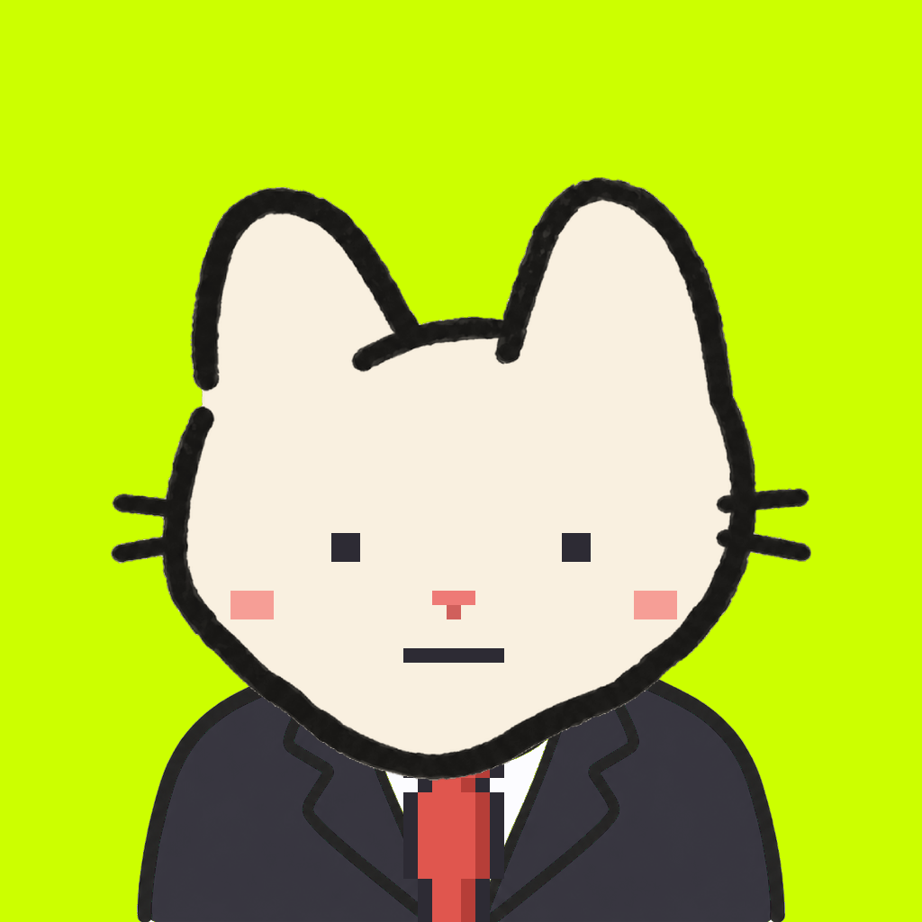 Employee #1078 — a cream cat, in a black suit, with a red tie, on volt