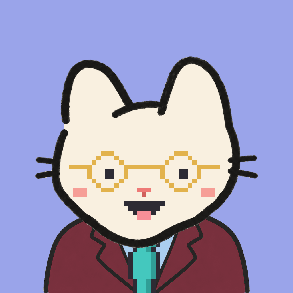Employee #1079 — a cream cat, in a burgundy suit, with a teal tie, wearing round-gold glasses, on periwinkle