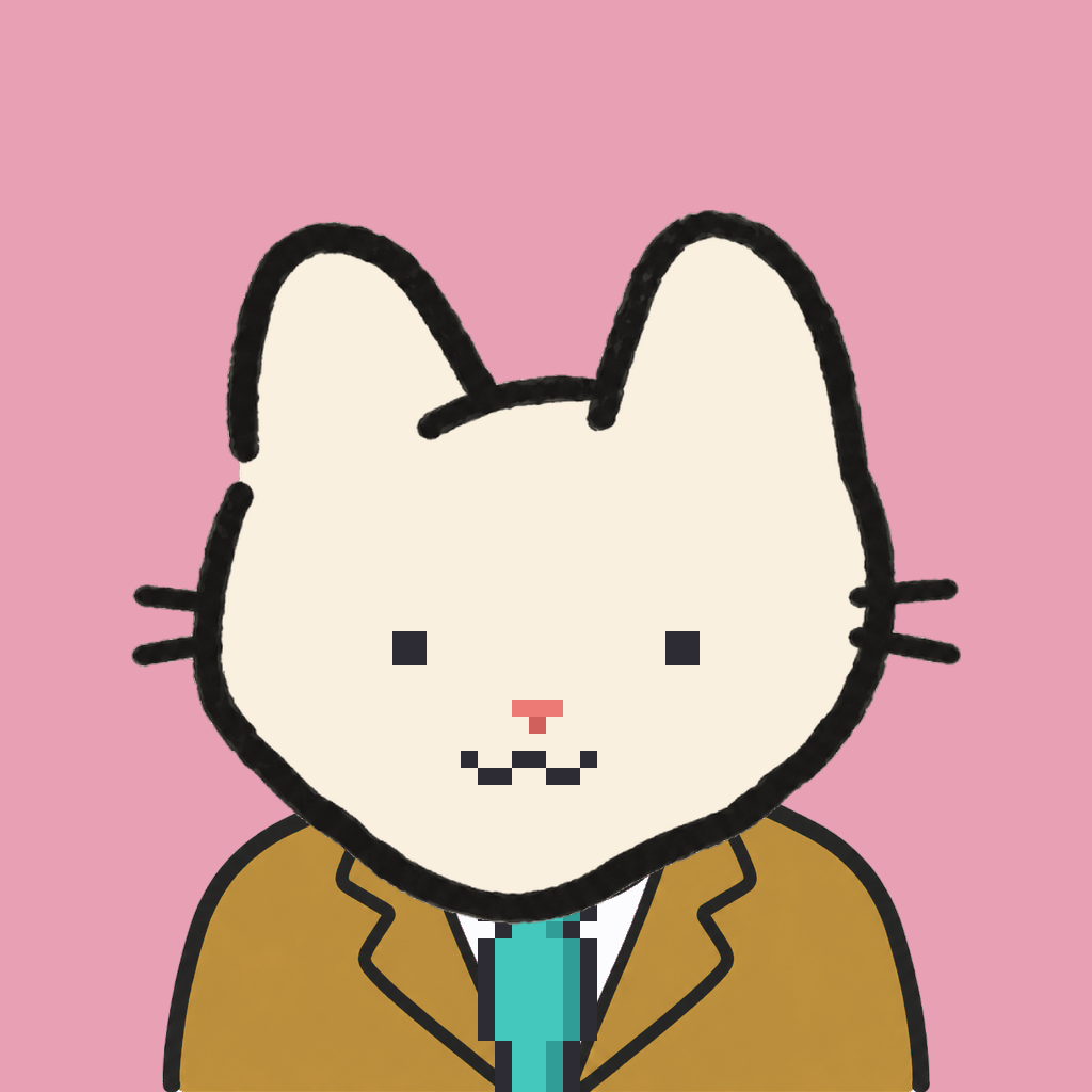 Employee #0108 — a cream cat, in a mustard suit, with a teal tie, on rose