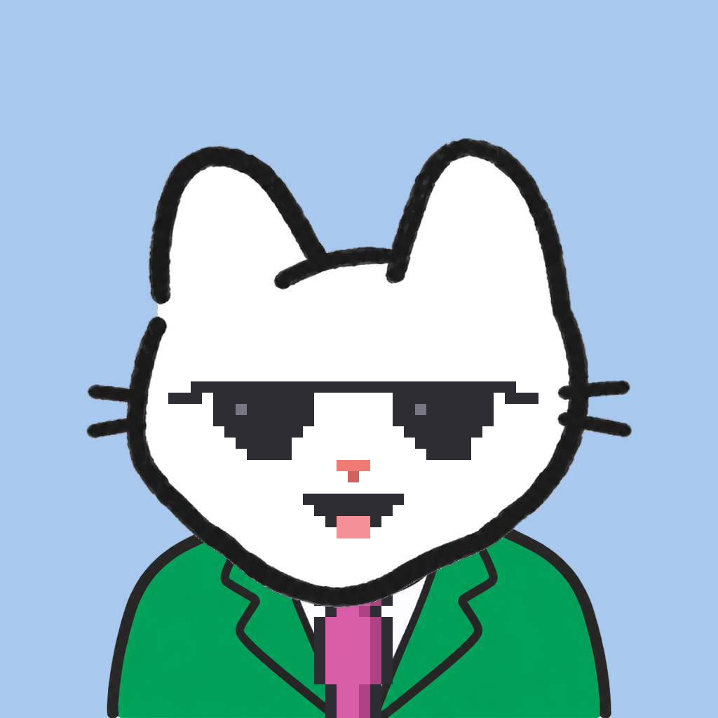 Employee #1080 — a white cat, in a green suit, with a magenta tie, wearing shades glasses, on sky
