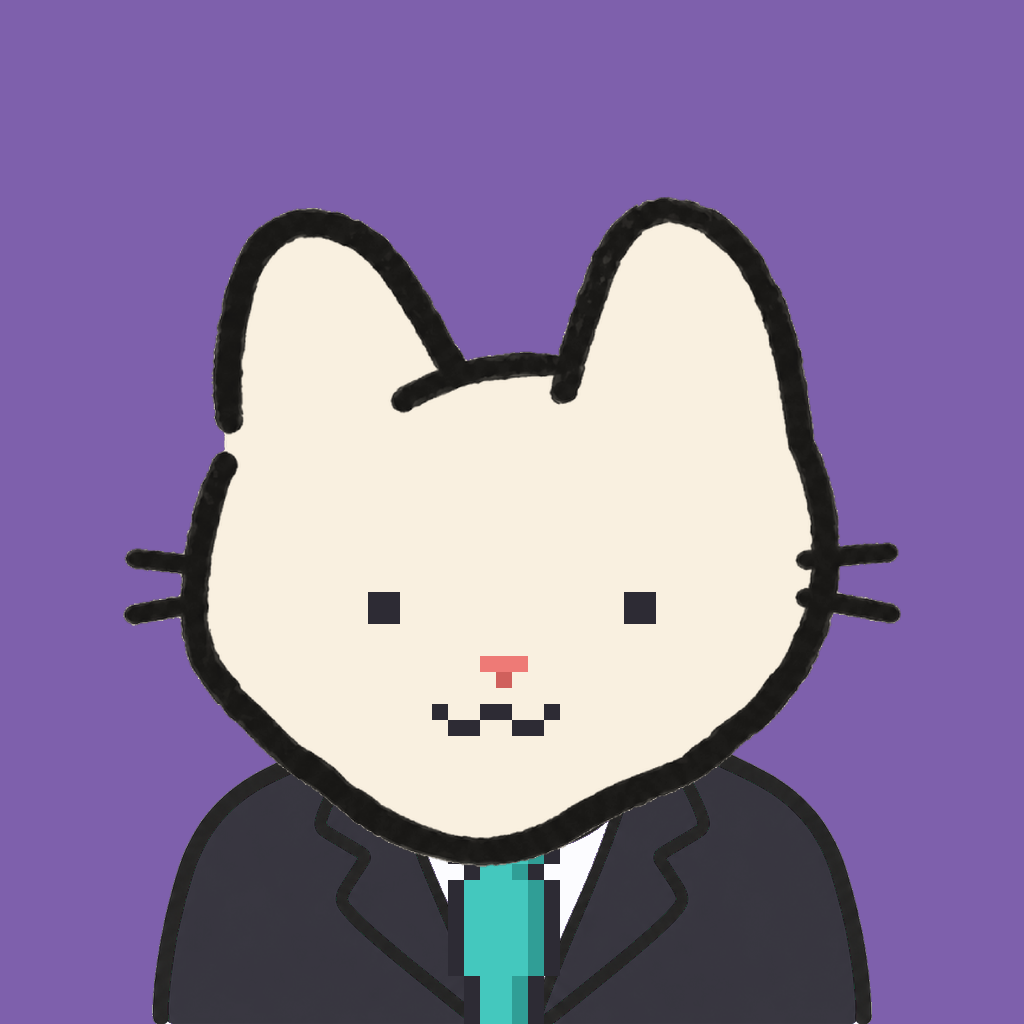 Employee #1081 — a cream cat, in a black suit, with a teal tie, on plasma violet