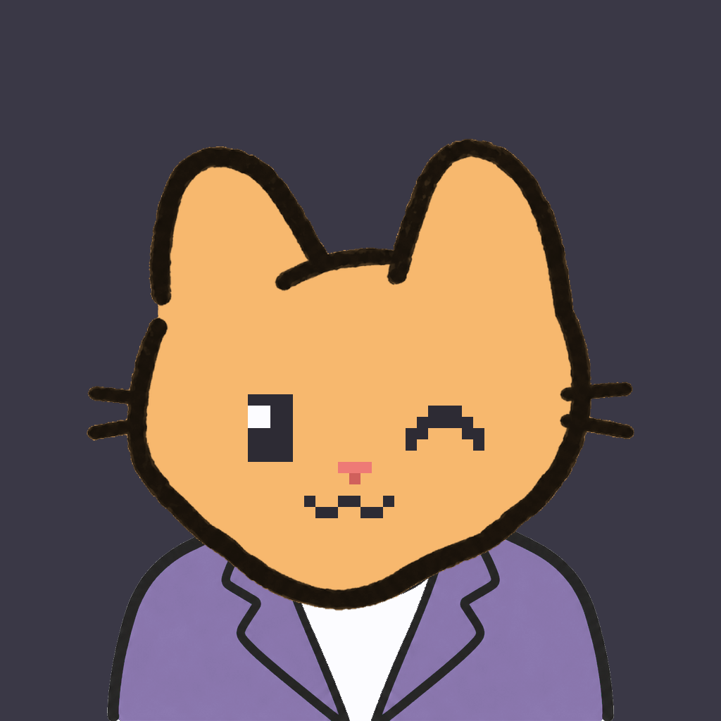 Employee #1082 — a tabby cat, in a lavender suit, on charcoal