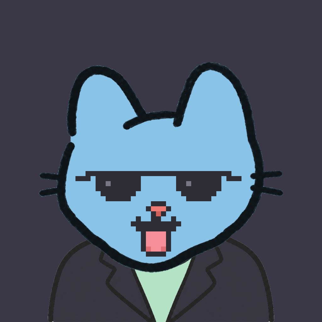 Employee #1083 — a sky cat, in a black suit, wearing shades glasses, on charcoal
