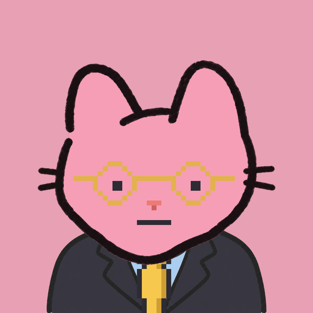 Employee #1084 — a pink cat, in a black suit, with a gold tie, wearing round-gold glasses, on rose