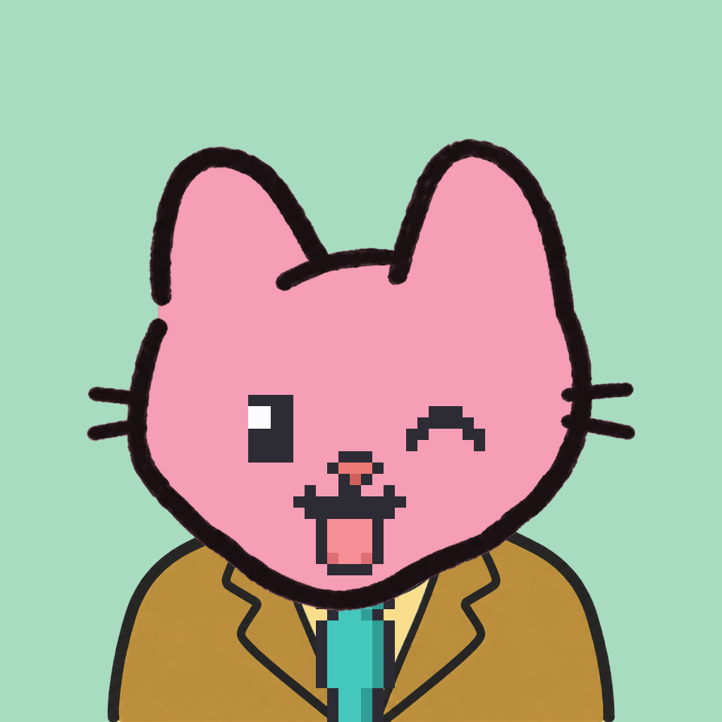 Employee #1085 — a pink cat, in a mustard suit, with a teal tie, on mint