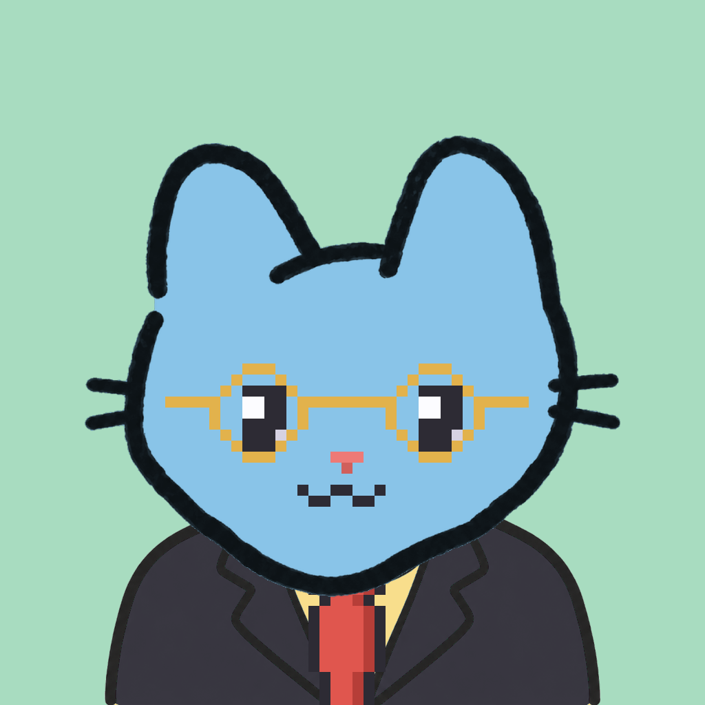 Employee #1086 — a sky cat, in a black suit, with a red tie, wearing round-gold glasses, on mint