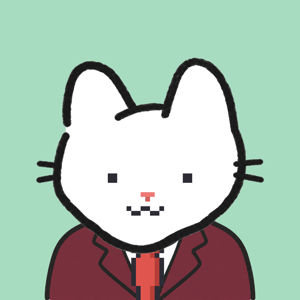 Employee #1087 — a white cat, in a burgundy suit, with a red tie, on mint