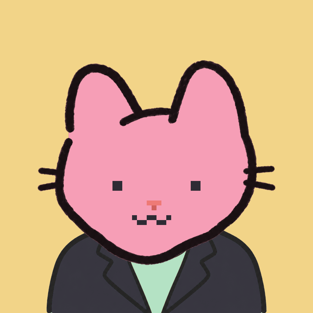 Employee #1088 — a pink cat, in a black suit, on butter