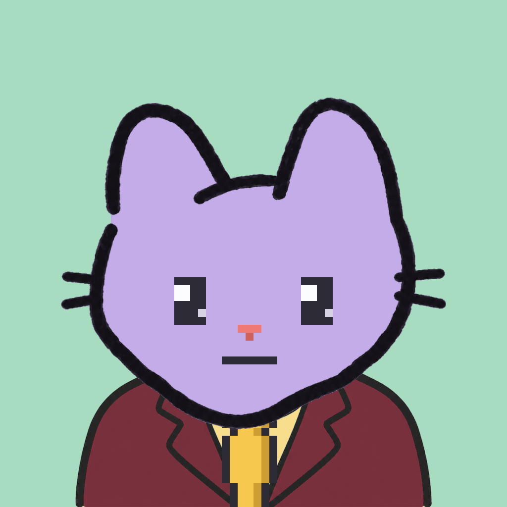 Employee #1089 — a lavender cat, in a burgundy suit, with a gold tie, on mint