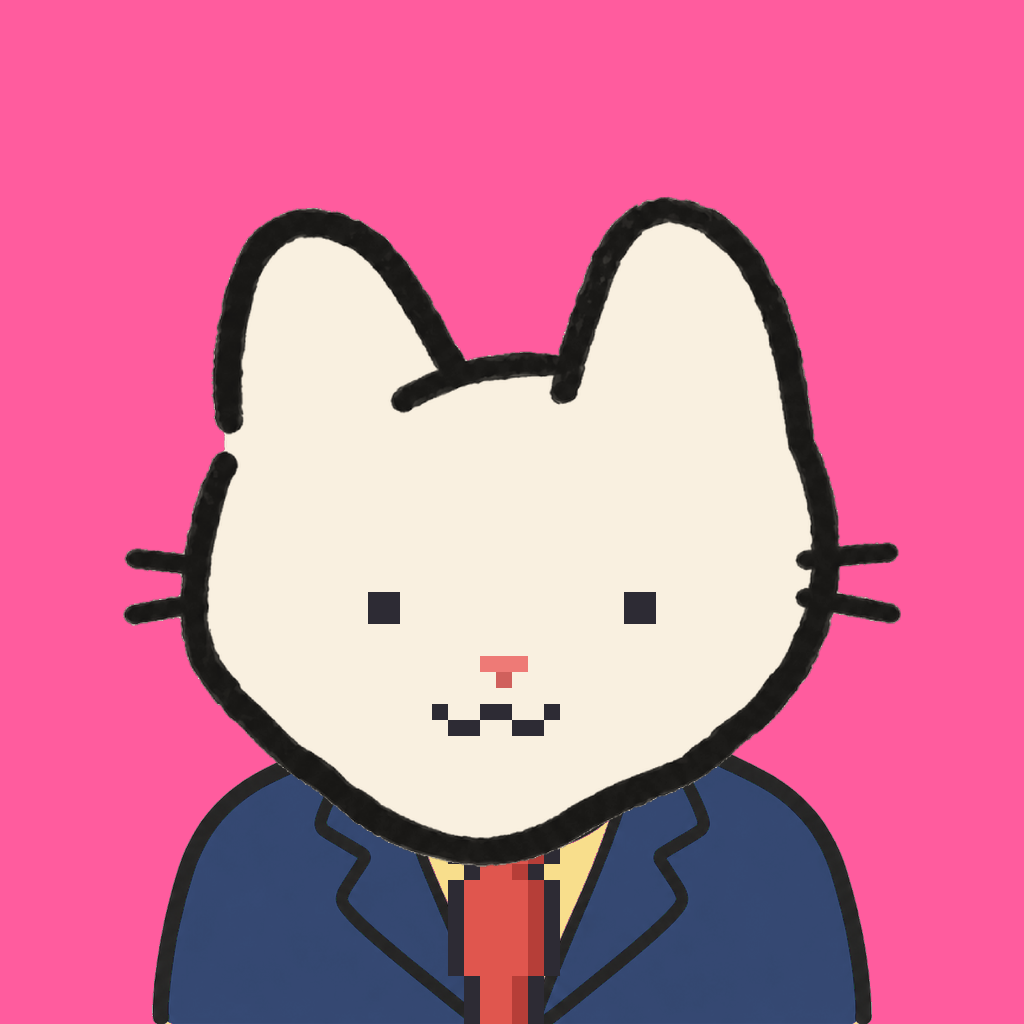 Employee #0109 — a cream cat, in a navy suit, with a red tie, on hot pink