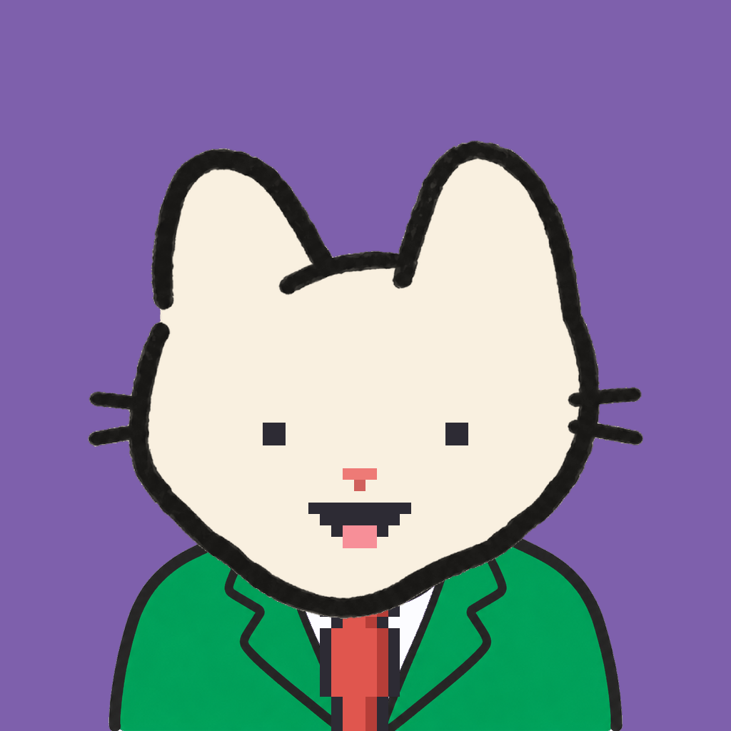 Employee #1090 — a cream cat, in a green suit, with a red tie, on plasma violet
