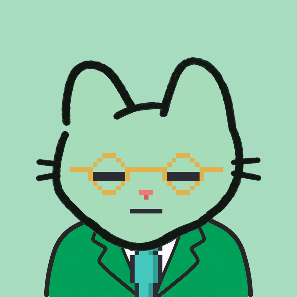 Employee #1091 — a mint cat, in a green suit, with a teal tie, wearing round-gold glasses, on mint