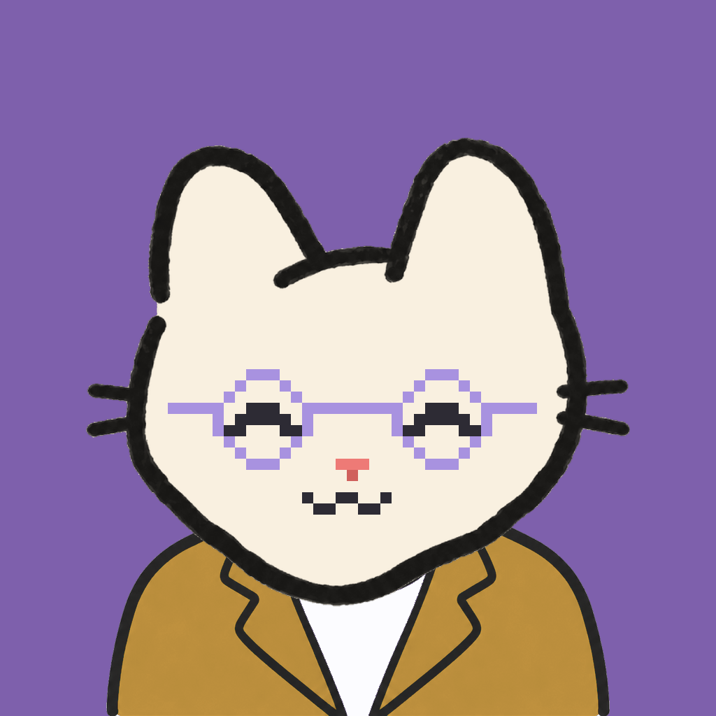 Employee #1092 — a cream cat, in a mustard suit, wearing round-lavender glasses, on plasma violet